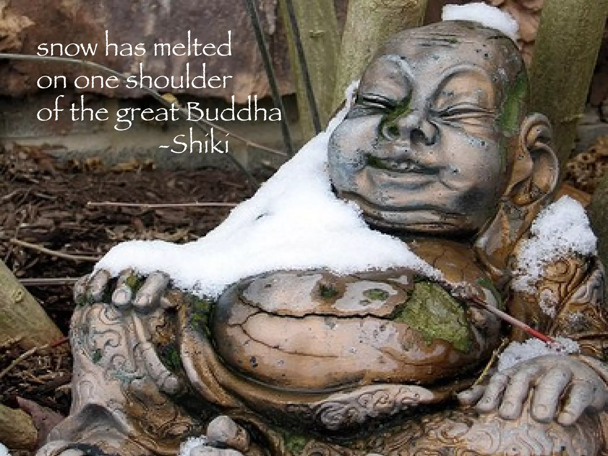 snow has melted on one shoulder  of the great Buddha -Shiki 
