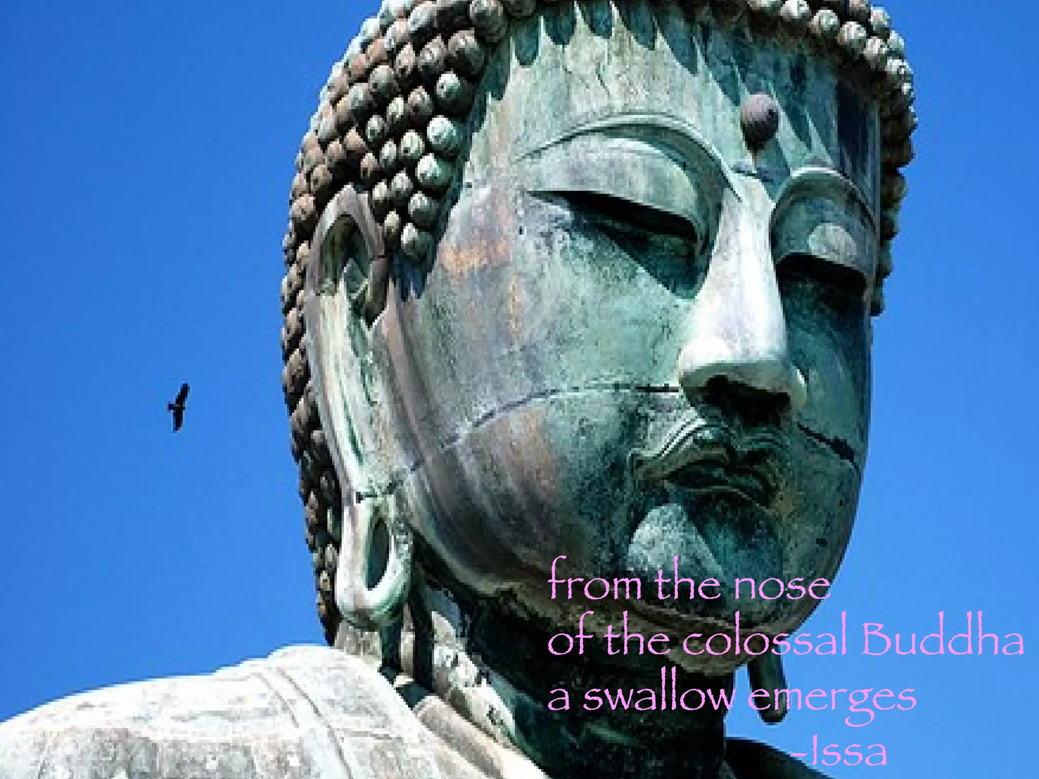from the nose of the colossal Buddha a swallow emerges   -Issa 