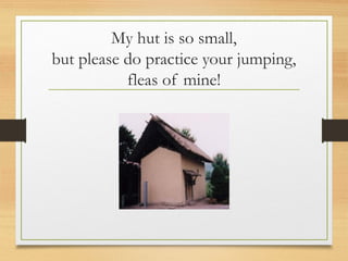 My hut is so small,
but please do practice your jumping,
fleas of mine!
 