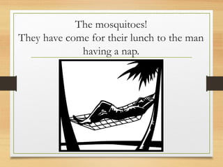 The mosquitoes!
They have come for their lunch to the man
having a nap.
 