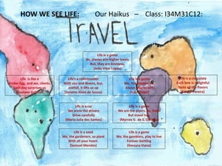 Life’s a rollercoaster
With ups and downs, but,
overall, it lifts us up
(Jonatas Alves de Sousa)
Life is a game
We, the players. So,
Aleays play to win
(João Victor)
Life is like a
Kinder Egg, and we, clients,
Each day surprises us
(Gustavo Gabriiel
Life is a game
We, the gamblers, play to live
Forever battling
(Gessyca Viana)
Life is a game
So, always aim higher levels
But, they are limitless.
(João Vitor Lopes)
Life is a chocolate
Each bite is delightful
Taste all the flavors
(Luane Pereira)
Life is a car
We arere the drivers
Drive carefully
(Maria Julia dos Santos)
Life is a seed
We, the gardeners, so plant
With all your heart.
(Samuel Mendes)
Life is a game
We are the plyers. So, train.
But travel too.
(Marcos V. de S. Oliveira)
HOW WE SEE LIFE: Our Haikus – Class: I34M31C12:
 