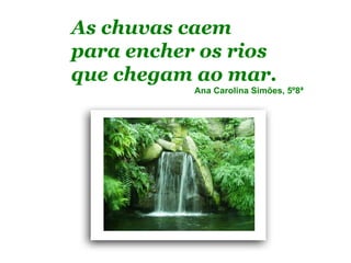 As chuvas caem
para encher os rios
que chegam ao mar.
           Ana Carolina Simões, 5º8ª
 