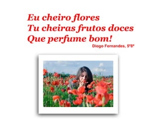 Eu cheiro flores
Tu cheiras frutos doces
Que perfume bom!
              Diogo Fernandes, 5º8ª
 