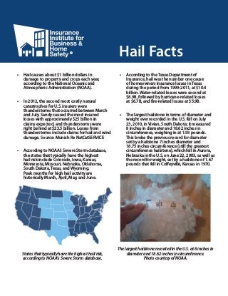 •	 Hail causes about $1 billion dollars in
damage to property and crops each year,
according to the National Oceanic and
Atmospheric Administration (NOAA).
•	 In 2012, the second most costly natural
catastrophes for U.S. insurers were
thunderstorms that occurred between March
and July. Sandy caused the most insured
losses with approximately $25 billion in
claims expected, and thunderstorms were
right behind at $23.5 billion. Losses from
thunderstorms include claims for hail and wind
damage. Source: Munich Re NatCatSERVICE
•	 According to NOAA’s Severe Storm database,
the states that typically have the highest
hail risk include Colorado, Iowa, Kansas,
Minnesota, Missouri, Nebraska, Oklahoma,
South Dakota, Texas, and Wyoming.
Peak months for high hail activity are
historically March, April, May, and June.
States that typically have the highest hail risk,
according to NOAA’s Severe Storm database.
•	 According to the Texas Department of
Insurance, hail was the number one cause
of homeowners insurance losses in Texas
during the period from 1999-2011, at $10.4
billion. Water-related losses were second at
$8.9B, followed by hurricane-related losses
at $6.7B, and fire-related losses at $5.9B.
•	 The largest hailstone in terms of diameter and
weight ever recorded in the U.S. fell on July
23, 2010, in Vivian, South Dakota; it measured
8 inches in diameter and 18.62 inches in
circumference, weighing in at 1.93 pounds.
This broke the previous record for diameter
set by a hailstone 7 inches diameter and
18.75 inches circumference (still the greatest
circumference hailstone), which fell in Aurora,
Nebraska in the U.S. on June 22, 2003, as well as
the record for weight, set by a hailstone of 1.67
pounds that fell in Coffeyville, Kansas in 1970.
The largest hailstone recorded in the U.S. at 8 inches in
diameter and 18.62 inches in circumference.
Photo courtesy of NOAA.
Hail Facts®
 