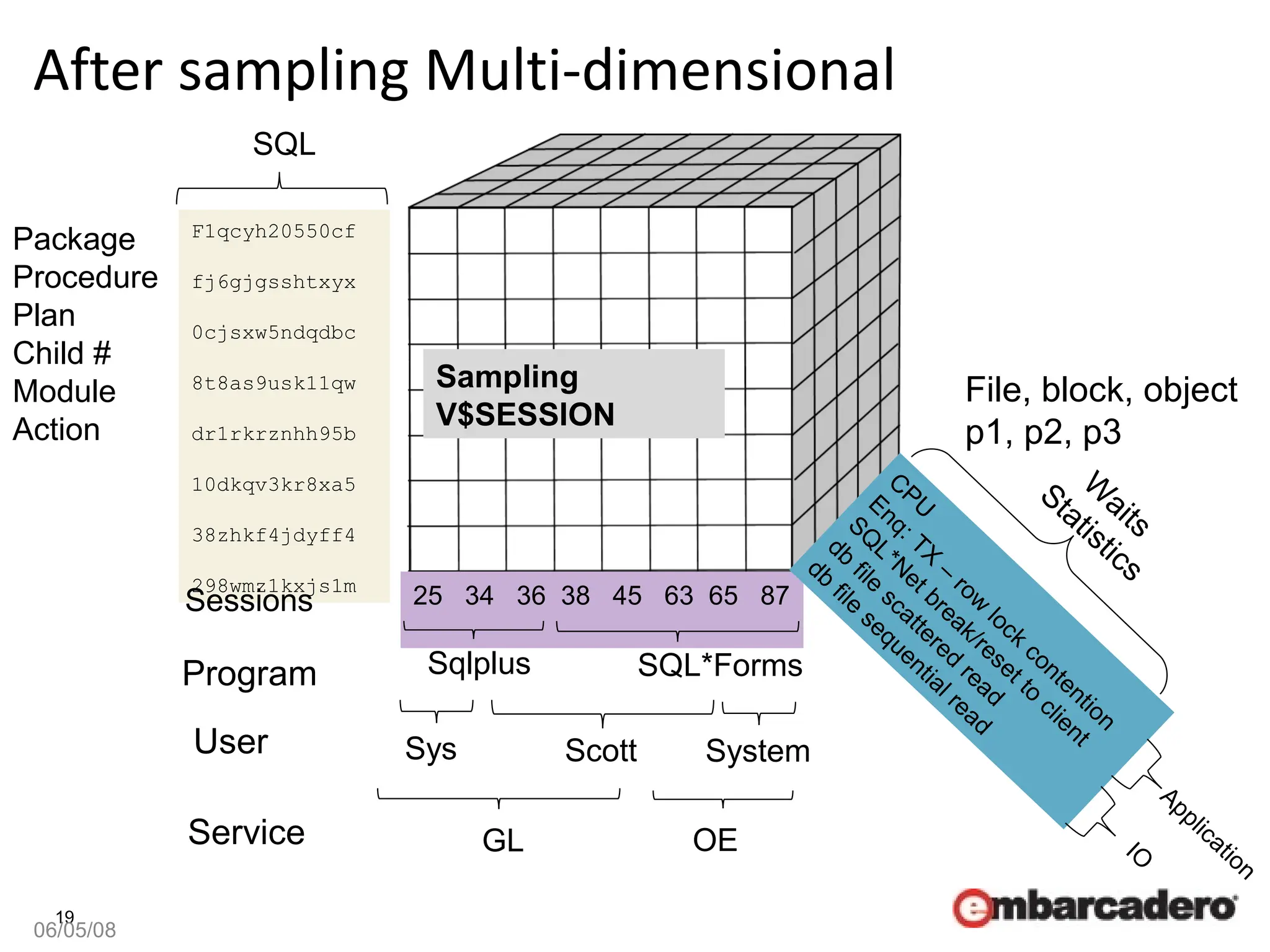 19
After sampling Multi-dimensional
06/05/08
25 34 36 38 45 63 65 87
F1qcyh20550cf
fj6gjgsshtxyx
0cjsxw5ndqdbc
8t8as9usk11qw
dr1rkrznhh95b
10dkqv3kr8xa5
38zhkf4jdyff4
298wmz1kxjs1m
CPU
Enq: TX
–
row
lock
contention
SQ
L*N
et break/reset to
client
db
file
scattered
read
db
file
sequential read
IO
Application
SQL
Sessions
W
aits
Statistics
Service
Scott System
User
Program
Sys
Sqlplus SQL*Forms
GL OE
Package
Procedure
Plan
Child #
Module
Action
File, block, object
p1, p2, p3
Sampling
V$SESSION
 