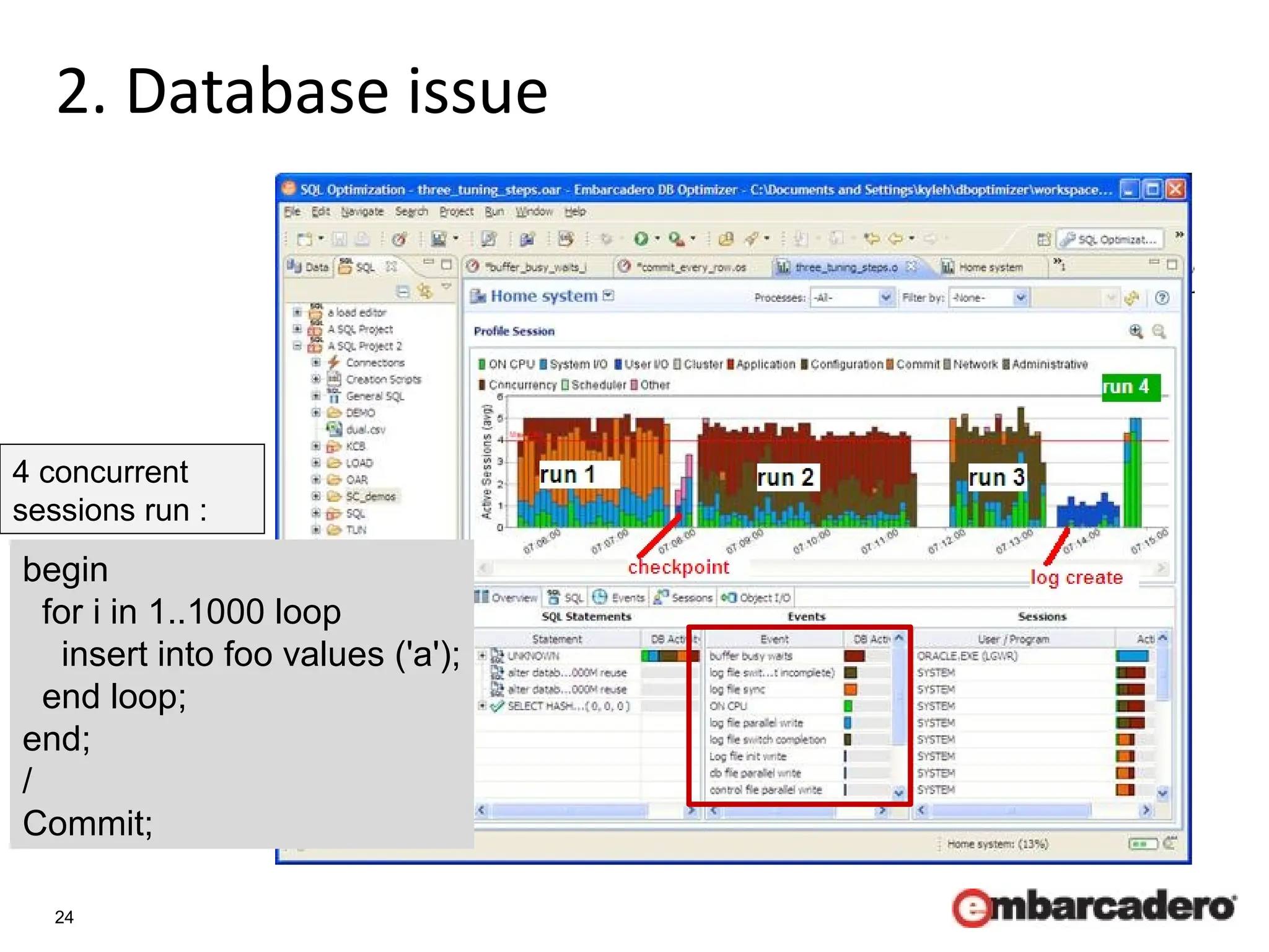 24
2. Database issue
begin
for i in 1..1000 loop
insert into foo values ('a');
end loop;
end;
/
Commit;
4 concurrent
sessions run :
 