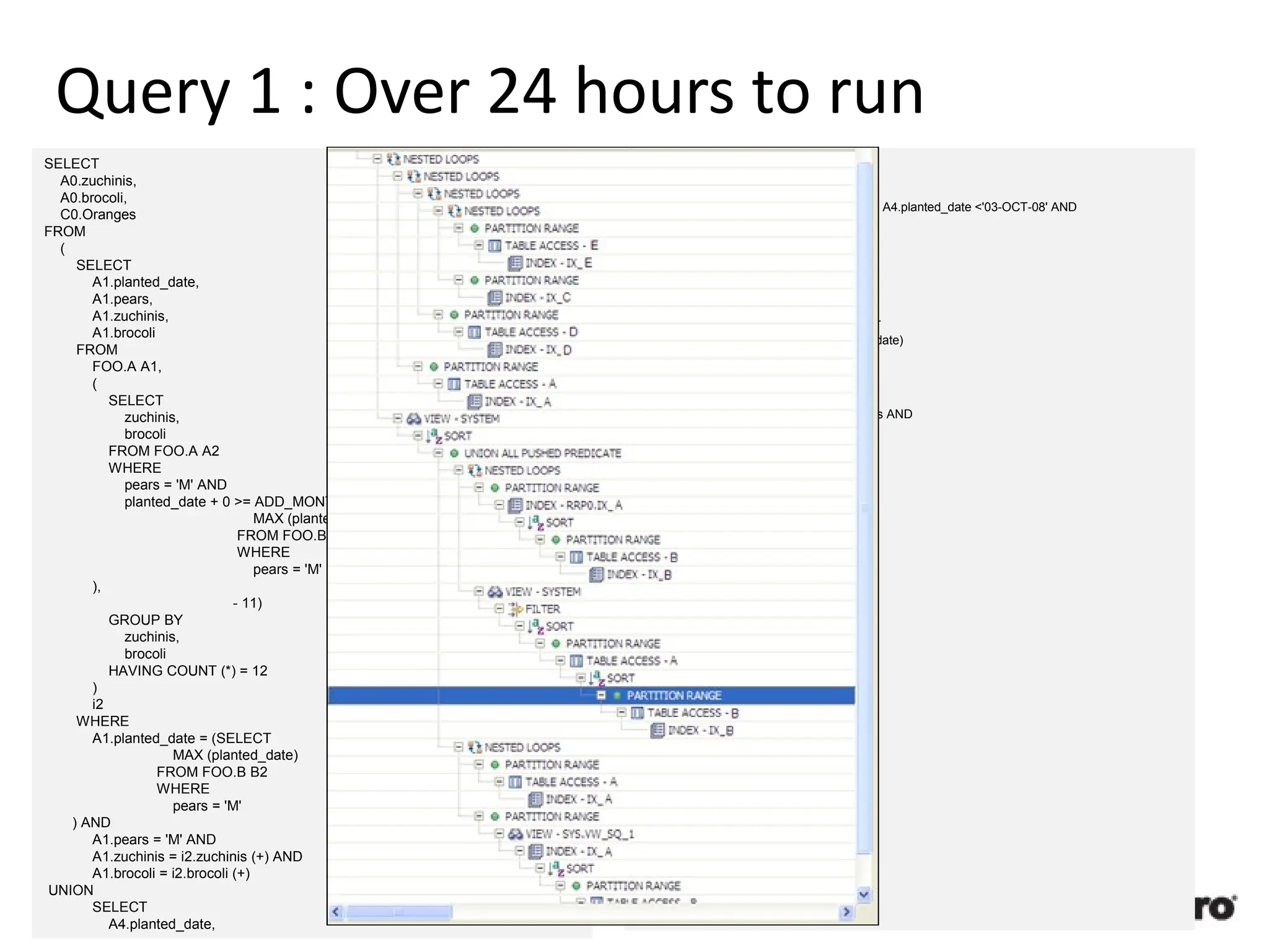 45
Query 1 : Over 24 hours to run
SELECT
A0.zuchinis,
A0.brocoli,
C0.Oranges
FROM
(
SELECT
A1.planted_date,
A1.pears,
A1.zuchinis,
A1.brocoli
FROM
FOO.A A1,
(
SELECT
zuchinis,
brocoli
FROM FOO.A A2
WHERE
pears = 'M' AND
planted_date + 0 >= ADD_MONTHS ((SELECT
MAX (planted_date)
FROM FOO.B B1
WHERE
pears = 'M'
),
- 11)
GROUP BY
zuchinis,
brocoli
HAVING COUNT (*) = 12
)
i2
WHERE
A1.planted_date = (SELECT
MAX (planted_date)
FROM FOO.B B2
WHERE
pears = 'M'
) AND
A1.pears = 'M' AND
A1.zuchinis = i2.zuchinis (+) AND
A1.brocoli = i2.brocoli (+)
UNION
SELECT
A4.planted_date,
A4.pears,A4.zuchinis,A4.brocoli
FROM FOO.A A4
WHERE
A4.planted_date >'01-OCT-08' and A4.planted_date <'03-OCT-08' AND
A4.pears = 'D' AND
A4.green_beans = '1'
AND NOT EXISTS (SELECT
*
FROM FOO.A A5
WHERE
pears = 'M' AND
planted_date = (SELECT
MAX (planted_date)
FROM FOO.B B3
WHERE
pears = 'M'
) AND
A4.zuchinis = A5.zuchinis AND
A4.brocoli = A5.brocoli)
)
b,
FOO.A A0,
FOO.C C0,
FOO.D D0,
FOO.E E0
WHERE
A0.planted_date >'01-OCT-08' and
A0.planted_date <'03-OCT-08' AND
A0.pears = 'D' AND
A0.green_beans = '1' AND
A0.zuchinis = b.zuchinis AND
A0.brocoli = b.brocoli AND
A0.planted_date = C0.planted_date AND
A0.pears = C0.pears AND
A0.zuchinis = C0.zuchinis AND
A0.brocoli = C0.brocoli AND
A0.planted_date = D0.planted_date AND
A0.pears = D0.pears AND
A0.harvest_size = D0.harvest_size AND
C0.Oranges = D0.Oranges AND
C0.apples = D0.apples AND
(D0.lemons = 0 OR
D0.lemons IS NULL) AND
A0.planted_date = E0.planted_date AND
A0.pears = E0.pears AND
A0.harvest_size = E0.harvest_size AND
C0.Oranges = E0.Oranges AND
C0.apples = E0.apples AND
(E0.lemons = 0 OR
E0.lemons IS NULL)
ORDER BY
A0.zuchinis, A0.brocoli;
 