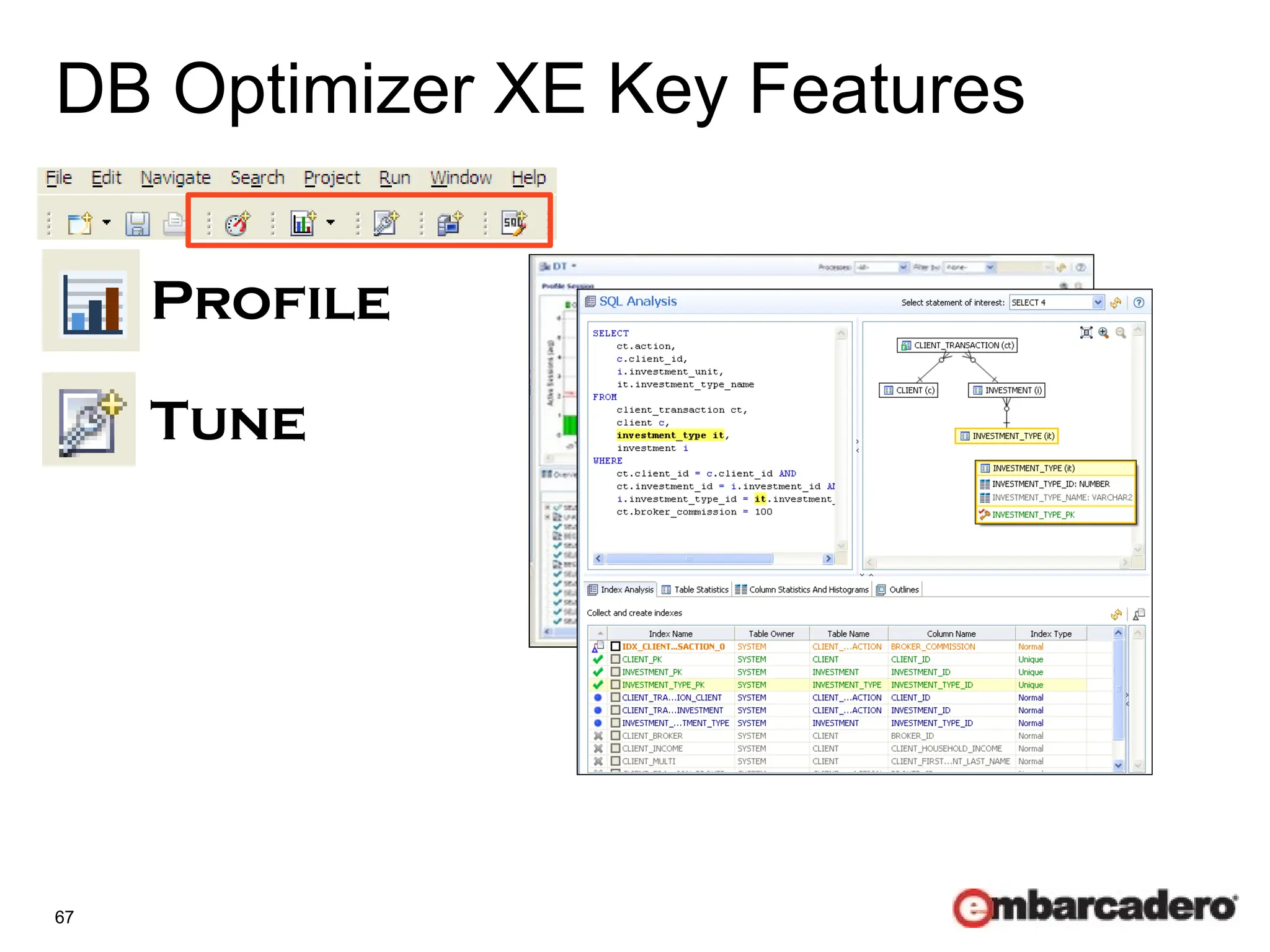 67
DB Optimizer XE Key Features
Profile
Tune
Load Test
SQL IDE
 