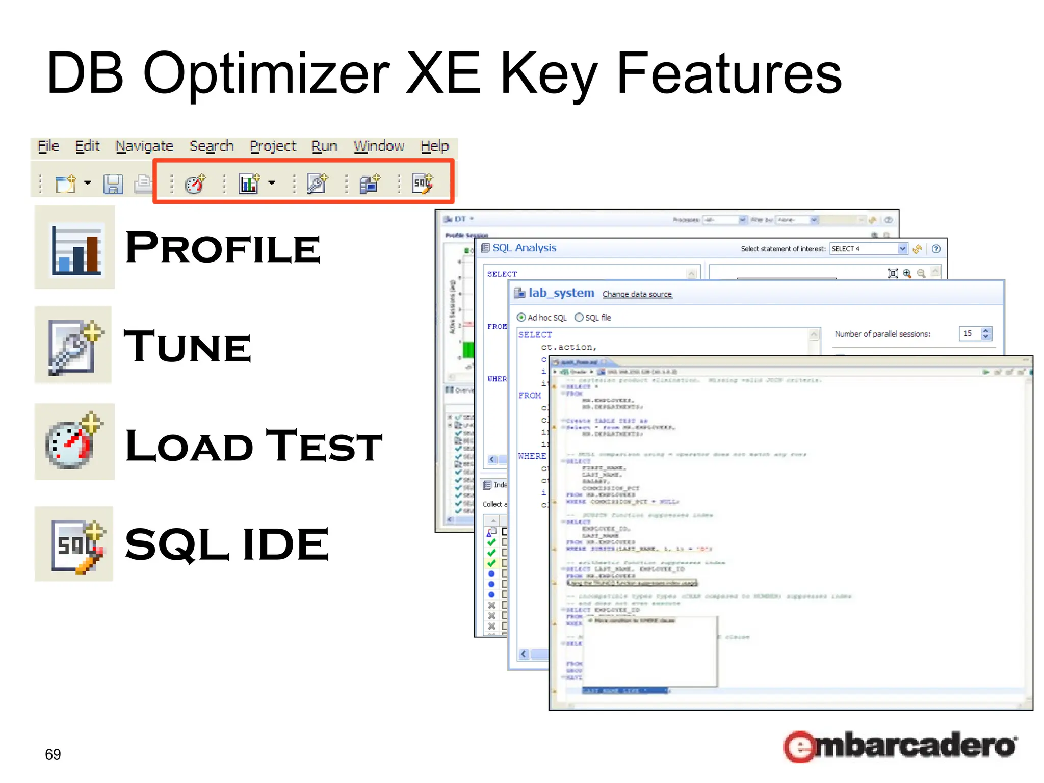 69
DB Optimizer XE Key Features
Profile
Tune
Load Test
SQL IDE
 