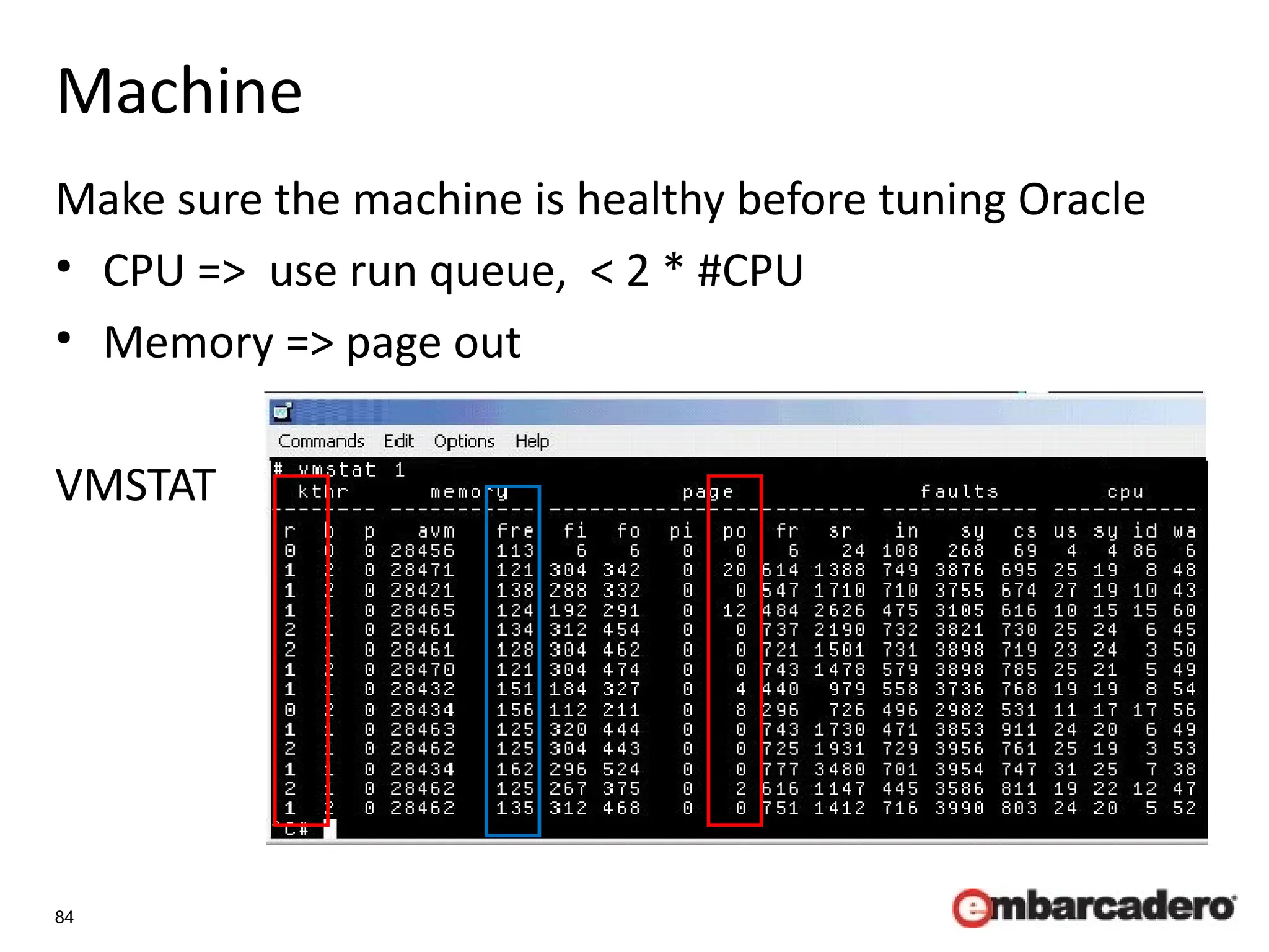 84
Machine
Make sure the machine is healthy before tuning Oracle
• CPU => use run queue, < 2 * #CPU
• Memory => page out
VMSTAT
 