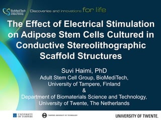 The Effect of Electrical Stimulation
on Adipose Stem Cells Cultured in
Conductive Stereolithographic
Scaffold Structures
Suvi Haimi, PhD
Adult Stem Cell Group, BioMediTech,
University of Tampere, Finland
&
Department of Biomaterials Science and Technology,
University of Twente, The Netherlands
 