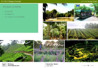 13
Hainan Eco. Resort
设计概念 Design Concept 设计目标 Design Goals
IBI Group
www.ibigroup.com June, 2010
特色植被与作物种植
• 现有农作物
• 原生植物丰富
• 水产品养殖与水生农作物种植
 