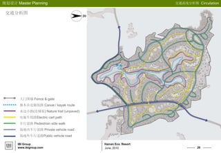 20
Hainan Eco. Resort
规划设计 Master Planning
IBI Group
www.ibigroup.com June, 2010
大门围墙 Fence & gate
独木舟皮艇线路 Canoe / kayak route
水边小路(没铺装) Nature trail (unpaved)
电瓶车线路Electric cart path
步行道路 Pedestrian side walk
场地内车行道路 Private vehicle road
场地外车行道路Public vehicle road
交通流线分析图 Circulation
交通分析图
 