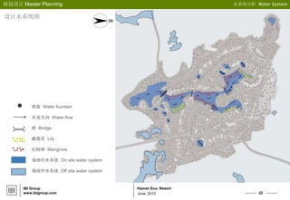 22
Hainan Eco. Resort
规划设计 Master Planning
IBI Group
www.ibigroup.com June, 2010
喷泉 Water fountain
水流方向 Water flow
桥 Bridge
睡莲花 Lily
红树林 Mangrove
场地内水系统 On site water system
场地外水系统 Off site water system
水系统分析 Water System
设计水系统图
 