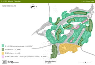 29
Hainan Eco. Resort
规划设计 Master Planning
IBI Group
www.ibigroup.com June, 2010
原生态景观Natural landscape：240,000M²
农作物Crops：91,000M²
果园Orchard：48,000M²
规则形式园林Formal Landscape / ornamental garden：30,000M²
生态分区 Eco-zone
绿化功能分区图
 