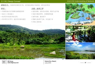 57
Hainan Eco. Resort
设计概念 Design Concept
特征：
• 周期性地以水生植物为植物优势种
• 底层土主要是湿土
• 低水位时水深2米处为界，
• 每年的生长季节，底层有时被水淹没
June, 2010
IBI Group
www.ibigroup.com
湿地定义： 陆地和水域的交汇处，水位接近或处于地表面，或有浅层积水
湿地的理解 Understanding of Wetlands
功能：地球之肾
• 提供食物、原料及水资源、维持生态平衡
• 保持生物多样性、珍稀物种资源
• 涵养水源、蓄洪防旱
• 降解污染调节气候、补充地下水
• 控制土壤侵蚀
 