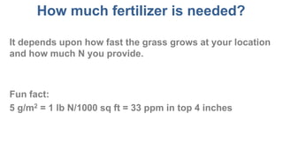 How much fertilizer is needed?
It depends upon how fast the grass grows at your location
and how much N you provide.
Fun fact:
5 g/m2 = 1 lb N/1000 sq ft = 33 ppm in top 4 inches
 