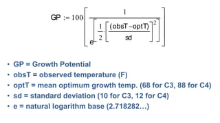 • GP = Growth Potential
• obsT = observed temperature (F)
• optT = mean optimum growth temp. (68 for C3, 88 for C4)
• sd = standard deviation (10 for C3, 12 for C4)
• e = natural logarithm base (2.718282…)
GP 100
1
e
1
2
obsT optT( )
sd






2


















 