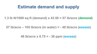 Estimate demand and supply
1.3 lb N/1000 sq ft (demand) x 43.56 = 57 lb/acre (demand)
57 lb/acre – 105 lb/acre (in water) = - 48 lb/acre (excess)
48 lb/acre x 0.75 = - 36 ppm (excess)
 