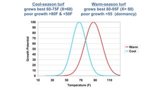 Cool-season turf
grows best 60-75F (X=68)
poor growth >80F & <50F
Warm-season turf
grows best 80-95F (X= 88)
poor growth <55 (dormancy)Turfgrass Growth
0
10
20
30
40
50
60
70
80
90
100
10 30 50 70 90 110
Temperature (F)
GrowthPotential
Warm
Cool
 
