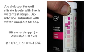 A quick test for soil
nitrate levels with Hach
water test strips. Dip
into soil saturated with
water, incubate 60 sec.
Nitrate levels (ppm) =
(Dipstick X 1.5) + 2.9
(15 X 1.5) + 2.9 = 25.4 ppm
 
