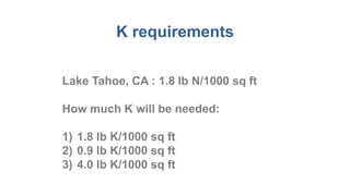 K requirements
Lake Tahoe, CA : 1.8 lb N/1000 sq ft
How much K will be needed:
1) 1.8 lb K/1000 sq ft
2) 0.9 lb K/1000 sq ft
3) 4.0 lb K/1000 sq ft
 