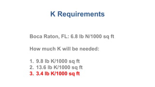 K Requirements
Boca Raton, FL: 6.8 lb N/1000 sq ft
How much K will be needed:
1. 9.8 lb K/1000 sq ft
2. 13.6 lb K/1000 sq ft
3. 3.4 lb K/1000 sq ft
 
