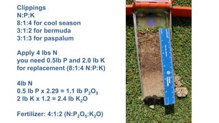 Clippings
N:P:K
8:1:4 for cool season
3:1:2 for bermuda
3:1:3 for paspalum
Apply 4 lbs N
you need 0.5lb P and 2.0 lb K
for replacement (8:1:4 N:P:K)
4lb N
0.5 lb P x 2.29 = 1.1 lb P2O5
2 lb K x 1.2 = 2.4 lb K2O
Fertilizer: 4:1:2 (N:P2O5:K2O)
 