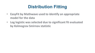 Distribution Fitting
• EasyFit by Mathwave used to identify an appropriate
model for the data
• Log logistic was selected due to significant fit evaluated
by Kolmogrov Smirnov statistic
 