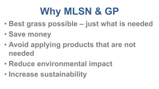 Why MLSN & GP
• Best grass possible – just what is needed
• Save money
• Avoid applying products that are not
needed
• Reduce environmental impact
• Increase sustainability
 