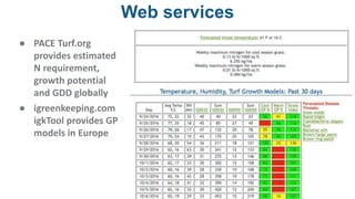 Web services
● PACE Turf.org
provides estimated
N requirement,
growth potential
and GDD globally
● igreenkeeping.com
igkTool provides GP
models in Europe
 