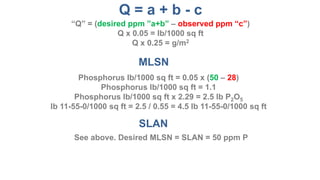 MLSN
SLAN
Phosphorus lb/1000 sq ft = (50 – 28)/33
Phosphorus lb/1000 sq ft = 0.7
Phosphorus lb/1000 sq ft x 2.29 = 1.6 lb P2O5
lb 11-55-0/1000 sq ft = 1.6 / 0.55 = 2.9 lb 11-55-0/1000 sq ft
See above. Desired MLSN = SLAN = 50 ppm P
Q = a + b - c
“Q” = (desired ppm ”a+b” – observed ppm “c”)
Q/33 = lb/1000 sq ft
Q/6.6 = g/m2
 