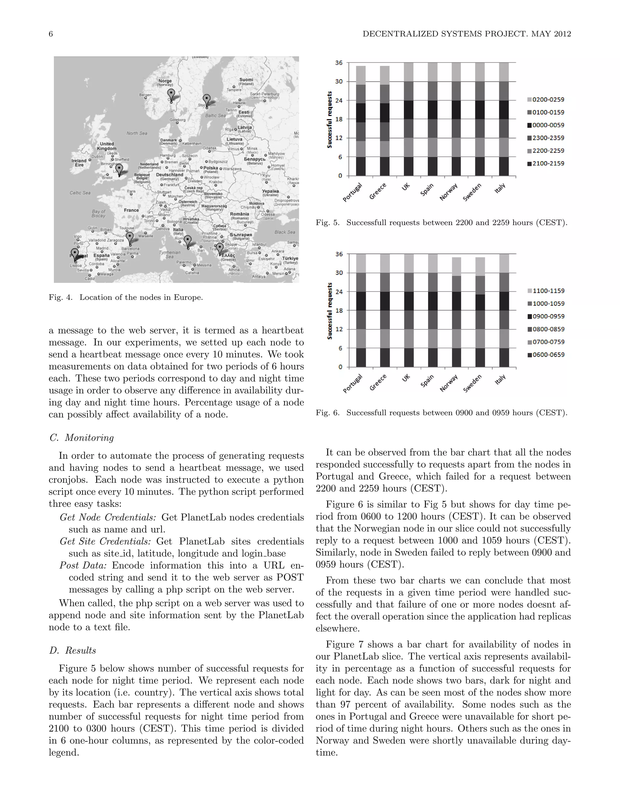 6                                                                          DECENTRALIZED SYSTEMS PROJECT. MAY 2012




                                                                Fig. 5. Successfull requests between 2200 and 2259 hours (CEST).




Fig. 4. Location of the nodes in Europe.



a message to the web server, it is termed as a heartbeat
message. In our experiments, we setted up each node to
send a heartbeat message once every 10 minutes. We took
measurements on data obtained for two periods of 6 hours
each. These two periods correspond to day and night time
usage in order to observe any diﬀerence in availability dur-
ing day and night time hours. Percentage usage of a node
can possibly aﬀect availability of a node.                      Fig. 6. Successfull requests between 0900 and 0959 hours (CEST).


C. Monitoring
  In order to automate the process of generating requests         It can be observed from the bar chart that all the nodes
and having nodes to send a heartbeat message, we used           responded successfully to requests apart from the nodes in
cronjobs. Each node was instructed to execute a python          Portugal and Greece, which failed for a request between
script once every 10 minutes. The python script performed       2200 and 2259 hours (CEST).
three easy tasks:                                                  Figure 6 is similar to Fig 5 but shows for day time pe-
  Get Node Credentials: Get PlanetLab nodes credentials         riod from 0600 to 1200 hours (CEST). It can be observed
     such as name and url.                                      that the Norwegian node in our slice could not successfully
  Get Site Credentials: Get PlanetLab sites credentials         reply to a request between 1000 and 1059 hours (CEST).
     such as site id, latitude, longitude and login base        Similarly, node in Sweden failed to reply between 0900 and
  Post Data: Encode information this into a URL en-             0959 hours (CEST).
     coded string and send it to the web server as POST            From these two bar charts we can conclude that most
     messages by calling a php script on the web server.        of the requests in a given time period were handled suc-
  When called, the php script on a web server was used to       cessfully and that failure of one or more nodes doesnt af-
append node and site information sent by the PlanetLab          fect the overall operation since the application had replicas
node to a text ﬁle.                                             elsewhere.
                                                                   Figure 7 shows a bar chart for availability of nodes in
D. Results
                                                                our PlanetLab slice. The vertical axis represents availabil-
   Figure 5 below shows number of successful requests for       ity in percentage as a function of successful requests for
each node for night time period. We represent each node         each node. Each node shows two bars, dark for night and
by its location (i.e. country). The vertical axis shows total   light for day. As can be seen most of the nodes show more
requests. Each bar represents a diﬀerent node and shows         than 97 percent of availability. Some nodes such as the
number of successful requests for night time period from        ones in Portugal and Greece were unavailable for short pe-
2100 to 0300 hours (CEST). This time period is divided          riod of time during night hours. Others such as the ones in
in 6 one-hour columns, as represented by the color-coded        Norway and Sweden were shortly unavailable during day-
legend.                                                         time.
 