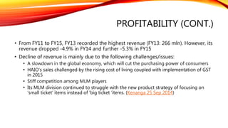 PROFITABILITY (CONT.)
• The strategy also saw an increasing young and affluent Malay female population in
its distribution network
• This also bodes well for distributors as the current economic conditions have
become increasingly difficult for them to finance the purchase of big ticket items
with loans. (iCapital 3 Jul 2015)
 