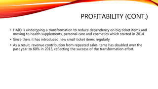 PROFITABILITY (CONT.)
• Despite declining revenue, HAIO gross margin still maintain above 30%
• The downtrend of gross margin is mainly attributed to its declined revenue and the
strengthening of USD/MYR
• The strengthening of USD/MYR will result in higher cost of material.
 