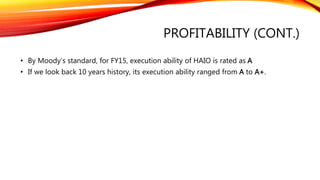 LEVERAGE & COVERAGE (CONT.)
61.3%
283.1% 281.2%
553.7%
435.0%
0.0%
100.0%
200.0%
300.0%
400.0%
500.0%
600.0%
2011-04-30 2012-04-30 2013-04-30 2014-04-30 2015-04-30
Retained Cash Flow to Debt
By Moody’s standard, for FY15,
RCF/Debt of HAIO is rated as Aaa.
 