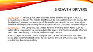 GOING FORWARD
• Next financial year will remain challenging in view of weakening domestic
purchasing power and high costs of living, resulting consumers more cautious in
spending
• Weakening of MYR against USD currency will increase the cost of import purchases.
• Despite the current slump in its earnings, coupled with the possibility of longer-
than-expected effect from the strategy shift, HAIO’s attractive dividend will be the
main catalyst for the stock.
 