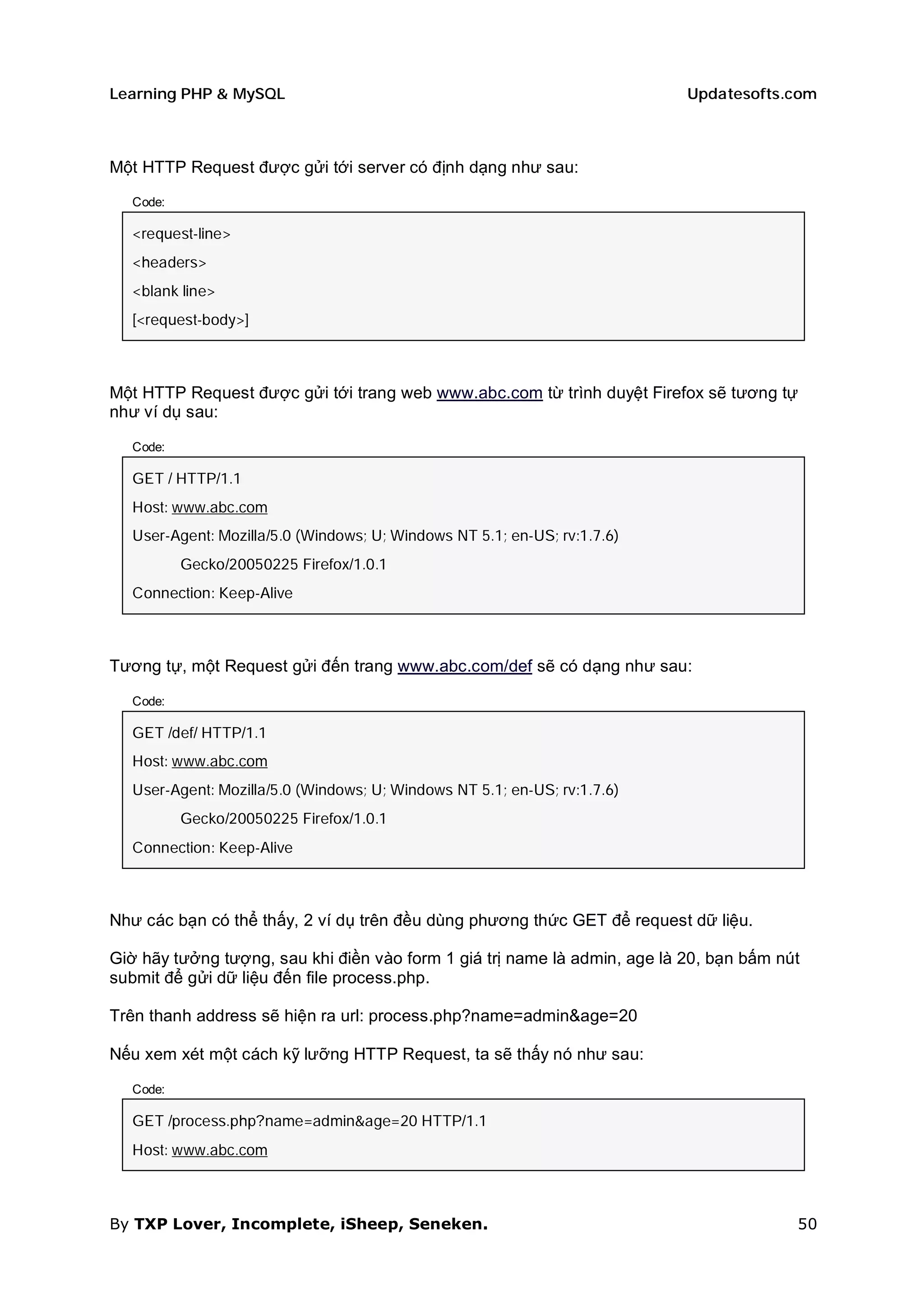 Learning PHP & MySQL                                                       Updatesofts.com



Một HTTP Request được gửi tới server có định dạng như sau:

  Code:

  <request-line>
  <headers>
  <blank line>
  [<request-body>]



Một HTTP Request được gửi tới trang web www.abc.com từ trình duyệt Firefox sẽ tương tự
như ví dụ sau:

  Code:

  GET / HTTP/1.1
  Host: www.abc.com
  User-Agent: Mozilla/5.0 (Windows; U; Windows NT 5.1; en-US; rv:1.7.6)
          Gecko/20050225 Firefox/1.0.1
  Connection: Keep-Alive



Tương tự, một Request gửi đến trang www.abc.com/def sẽ có dạng như sau:

  Code:

  GET /def/ HTTP/1.1
  Host: www.abc.com
  User-Agent: Mozilla/5.0 (Windows; U; Windows NT 5.1; en-US; rv:1.7.6)
          Gecko/20050225 Firefox/1.0.1
  Connection: Keep-Alive



Như các bạn có thể thấy, 2 ví dụ trên đều dùng phương thức GET để request dữ liệu.

Giờ hãy tưởng tượng, sau khi điền vào form 1 giá trị name là admin, age là 20, bạn bấm nút
submit để gửi dữ liệu đến file process.php.

Trên thanh address sẽ hiện ra url: process.php?name=admin&age=20

Nếu xem xét một cách kỹ lưỡng HTTP Request, ta sẽ thấy nó như sau:

  Code:

  GET /process.php?name=admin&age=20 HTTP/1.1
  Host: www.abc.com



By TXP Lover, Incomplete, iSheep, Seneken.                                               50
 