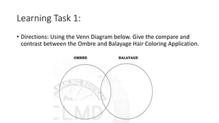 Learning Task 1:
• Directions: Using the Venn Diagram below. Give the compare and
contrast between the Ombre and Balayage Hair Coloring Application.
 