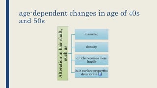 age-dependent changes in age of 40s
and 50s
Alterationinhairshaft,
suchas
diameter,
density,
cuticle becomes more
fragile
hair surface properties
deteriorate [x]
 