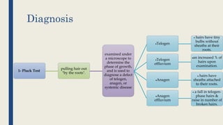 Diagnosis
1- Pluck Test
pulling hair out
"by the roots".
examined under
a microscope to
determine the
phase of growth,
and is used to
diagnose a defect
of telogen,
anagen, or
systemic disease
Telogen
 hairs have tiny
bulbs without
sheaths at their
roots.
Telogen
effluvium
an increased % of
hairs upon
examination.
Anagen
 hairs have
sheaths attached
to their roots.
Anagen
effluvium
 a fall in telogen-
phase hairs &
raise in number of
broken hairs.
 