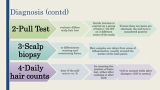 Diagnosis (contd)
2-Pull Test evaluate diffuse
scalp hair loss
Gentle traction is
exerted on a group
of hairs (~40–60)
on 3 different
areas of the scalp
If more than ten hairs are
obtained, the pull test is
considered positive
3-Scalp
biopsy
to diffrenciates
scarring and
nonscarring forms.
Hair samples are taken from areas of
inflammation, usually around the
border of the bald patch.
4-Daily
hair counts
done if the pull
test is -ve. It
by counting the
number of hairs
lost. either after
combing or after
bath
<100 is normal while after
shampoo <250 is normal
 