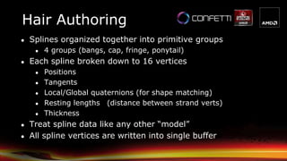 Hair Authoring
● Splines organized together into primitive groups
● 4 groups (bangs, cap, fringe, ponytail)
● Each spline broken down to 16 vertices
● Positions
● Tangents
● Local/Global quaternions (for shape matching)
● Resting lengths (distance between strand verts)
● Thickness
● Treat spline data like any other “model”
● All spline vertices are written into single buffer
 