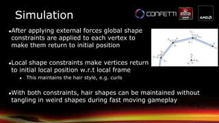 ●After applying external forces global shape
constraints are applied to each vertex to
make them return to initial position
●Local shape constraints make vertices return
to initial local position w.r.t local frame
● This maintains the hair style, e.g. curls
●With both constraints, hair shapes can be maintained without
tangling in weird shapes during fast moving gameplay
Simulation
 