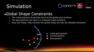 ●Global Shape Constraints
● The initial positions of particles serve as the global goal positions
● The goal positions are rigid w.r.t character head transform.
● Easy and cheap. Help maintain the global shape but lose the detailed simulation
initial goal position
current position
final position
Simulation
 