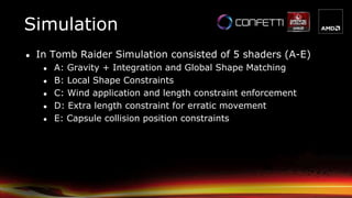 Simulation
● In Tomb Raider Simulation consisted of 5 shaders (A-E)
● A: Gravity + Integration and Global Shape Matching
● B: Local Shape Constraints
● C: Wind application and length constraint enforcement
● D: Extra length constraint for erratic movement
● E: Capsule collision position constraints
 