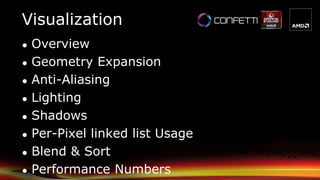 Visualization
● Overview
● Geometry Expansion
● Anti-Aliasing
● Lighting
● Shadows
● Per-Pixel linked list Usage
● Blend & Sort
● Performance Numbers
 
