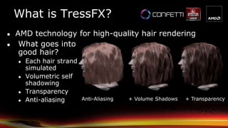 What is TressFX?
Anti-Aliasing + Volume Shadows + Transparency
● What goes into
good hair?
● Each hair strand
simulated
● Volumetric self
shadowing
● Transparency
● Anti-aliasing
● AMD technology for high-quality hair rendering
 