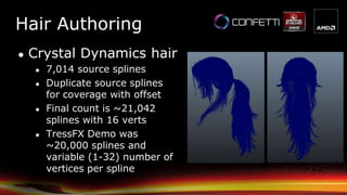 Hair Authoring
● Crystal Dynamics hair
● 7,014 source splines
● Duplicate source splines
for coverage with offset
● Final ...