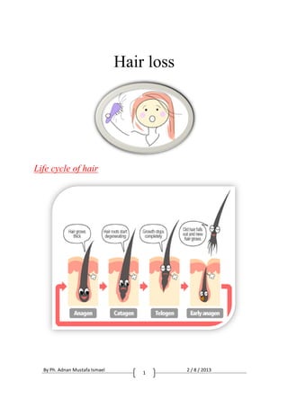 By Ph. Adnan Mustafa Ismael
Life cycle of hair
By Ph. Adnan Mustafa Ismael 2 / 8 / 2013
1
Hair loss
2 / 8 / 2013
 